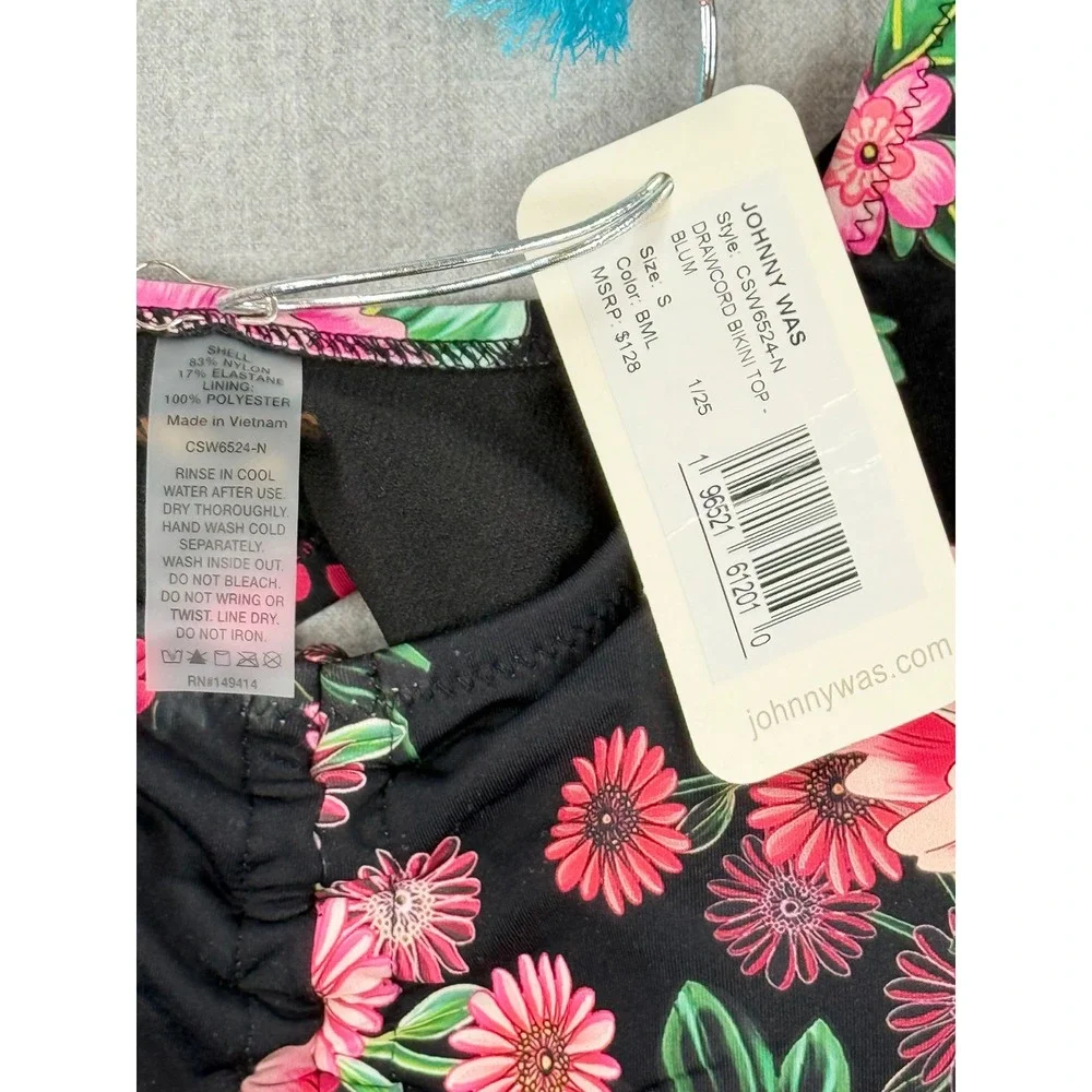 Johnny Was Blum Drawcord Bikini Top‎ Floral Black CSW6524-N New